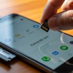 Mano sosteniendo una microSD sobre un smartphone Android en mesa