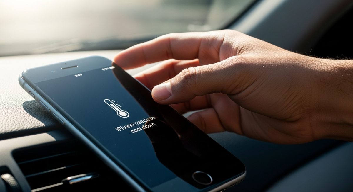 Mano sujetando un iPhone con advertencia de temperatura en pantalla