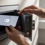Manos colocando un smartphone en una caja fuerte moderna