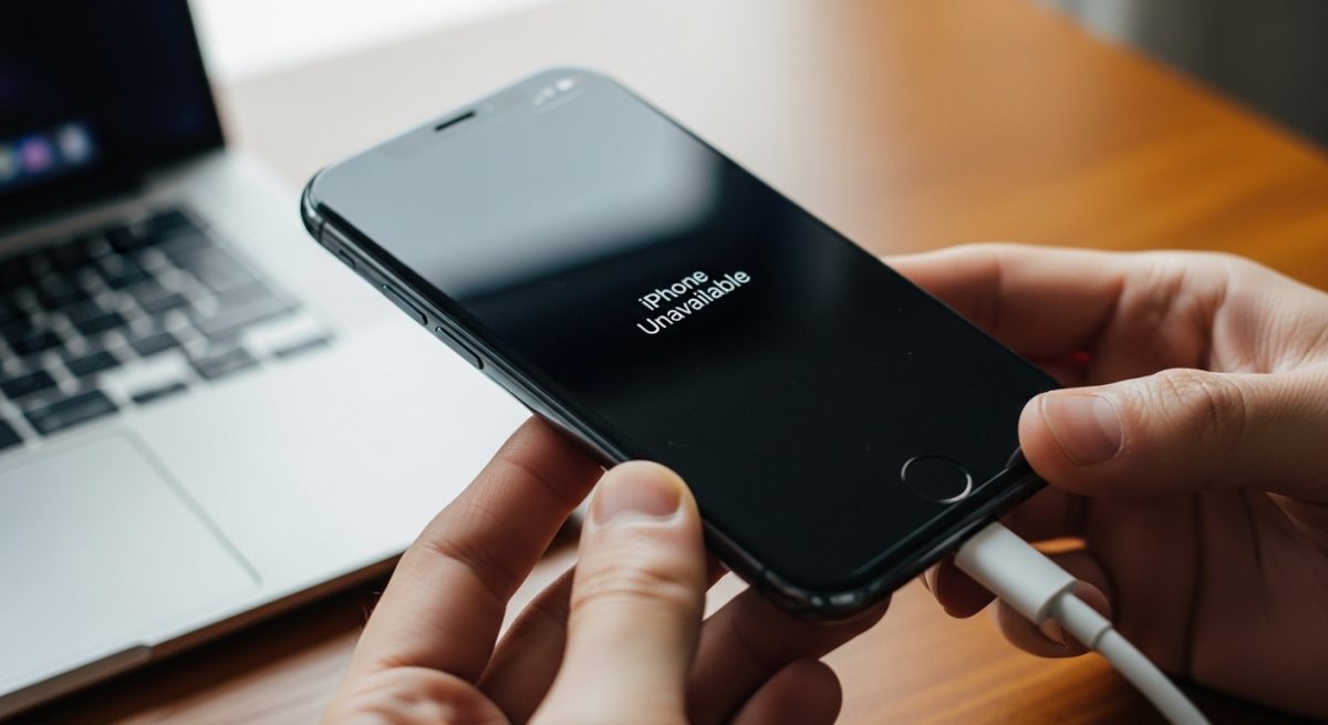 Manos conectando un cable USB-C a un iPhone iluminado