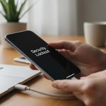 Manos conectando un iPhone con mensaje de bloqueo de seguridad