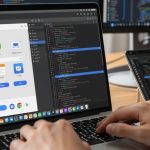Manos de desarrollador escribiendo en laptop con Android Studio abierto