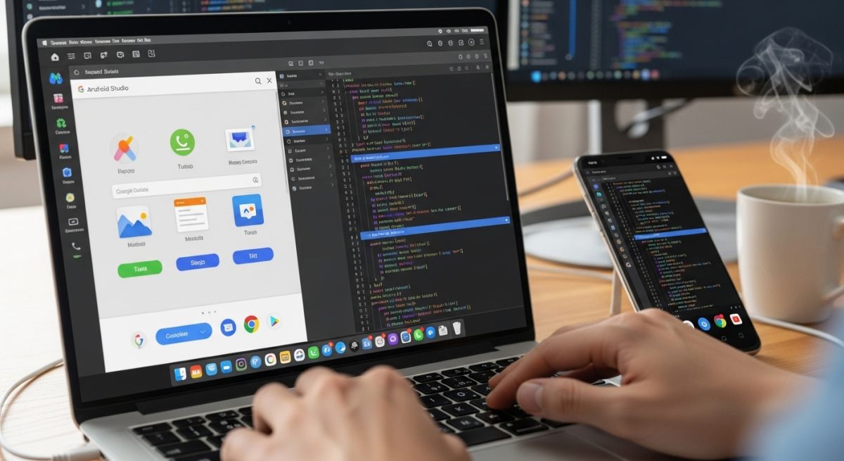 Manos de desarrollador escribiendo en laptop con Android Studio abierto