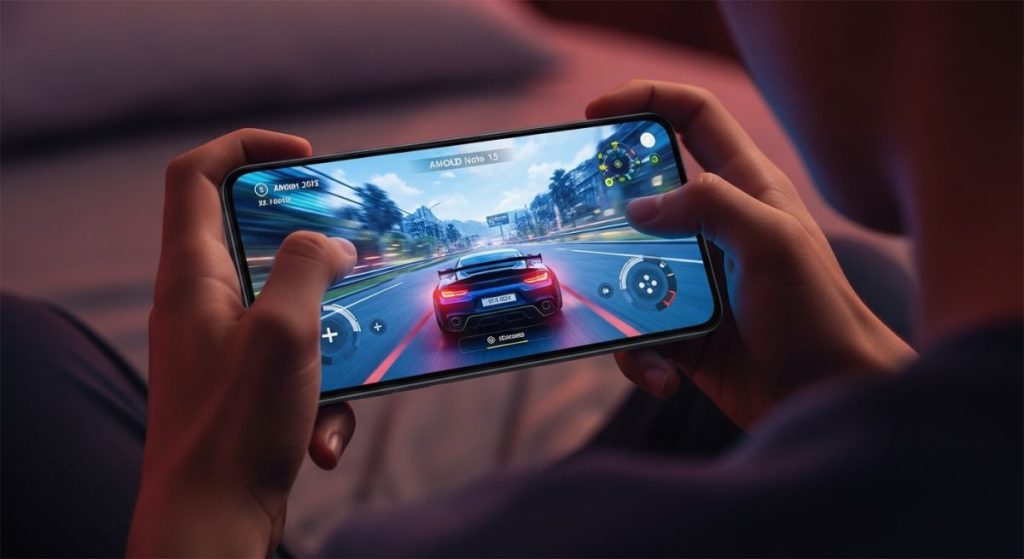 Manos de joven sosteniendo un Xiaomi Redmi Note 13 jugando videojuegos