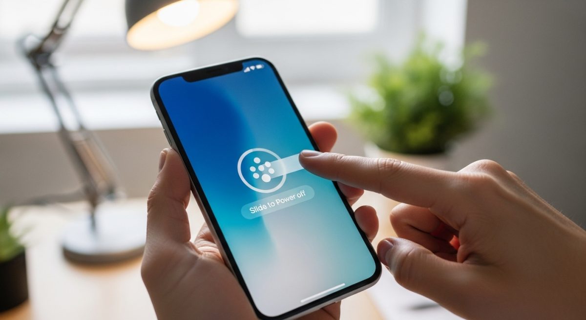 Manos deslizándose para apagar iPhone en entorno de oficina brillante