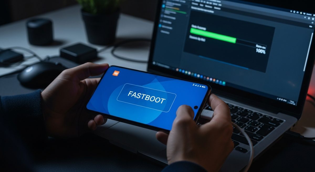 Manos gestionando downgrade de smartphone Xiaomi en modo FASTBOOT