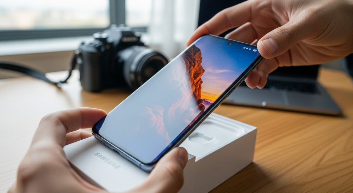 Manos levantando un smartphone Samsung de caja blanca minimalista
