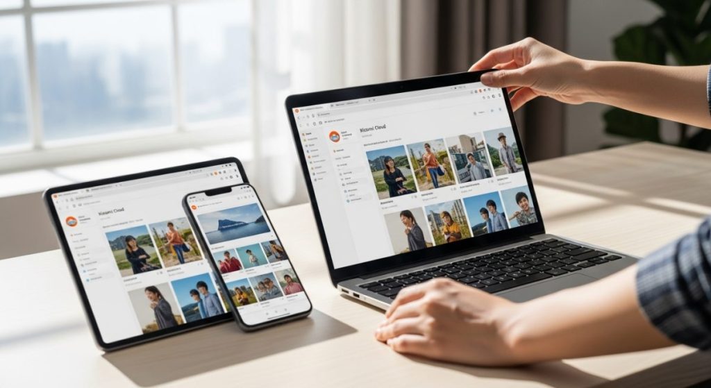 Manos organizando dispositivos Xiaomi en un escritorio minimalista