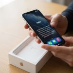 Manos sosteniendo nuevo iPhone con pantalla configuración