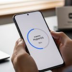 Manos sosteniendo smartphone mostrando instalación de Xiaomi HyperOS casi completa