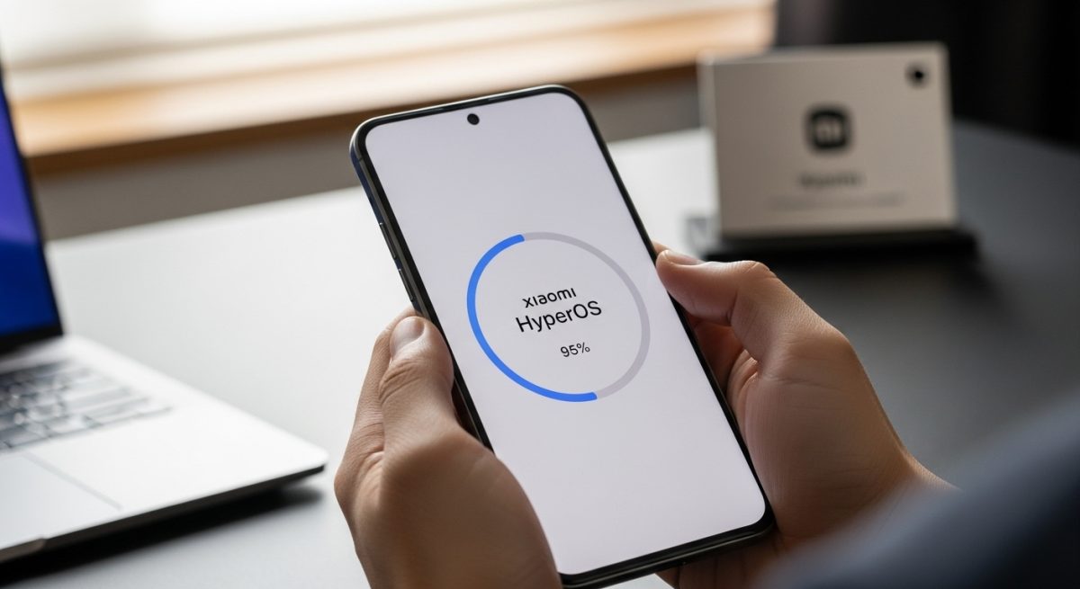 Manos sosteniendo smartphone mostrando instalación de Xiaomi HyperOS casi completa