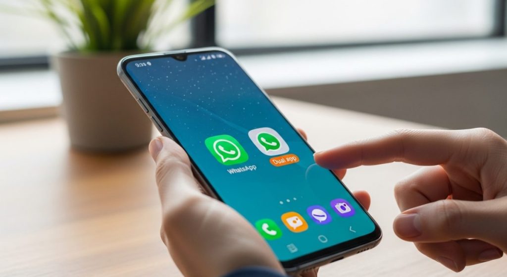 Manos sosteniendo smartphone Samsung con dos íconos de WhatsApp visibles