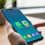 Manos sosteniendo smartphone Samsung con dos íconos de WhatsApp visibles
