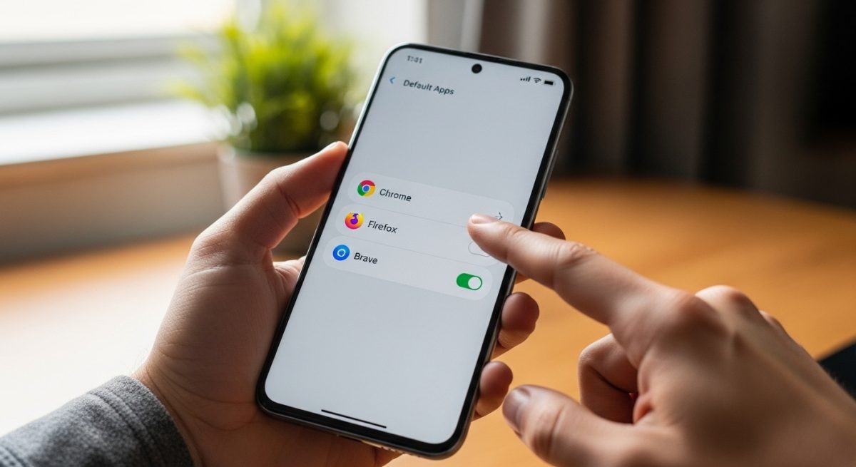 Manos sosteniendo smartphone Xiaomi seleccionando navegador predeterminado en pantalla