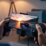 Manos sosteniendo un controlador de juegos inalámbrico y smartphone Android