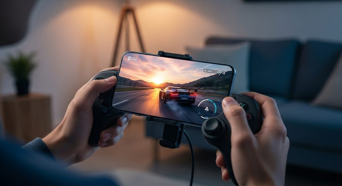 Manos sosteniendo un controlador de juegos inalámbrico y smartphone Android
