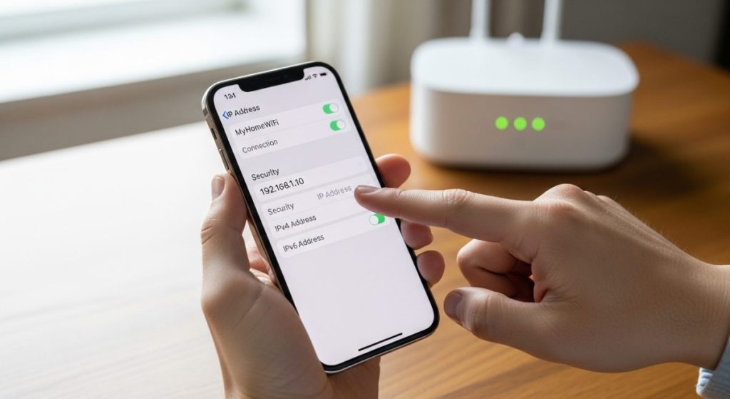 Manos sosteniendo un iPhone 13 apuntando a la pantalla WiFi