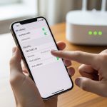 Manos sosteniendo un iPhone 13 apuntando a la pantalla WiFi