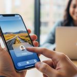 Manos sosteniendo un iPhone compartiendo foto mediante AirDrop