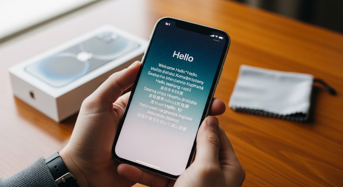 Manos sosteniendo un iPhone con pantalla de bienvenida Hello