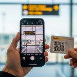 Manos sosteniendo un iPhone moderno en una mano y una tarjeta de carrier con un codigo QR en la otra mano