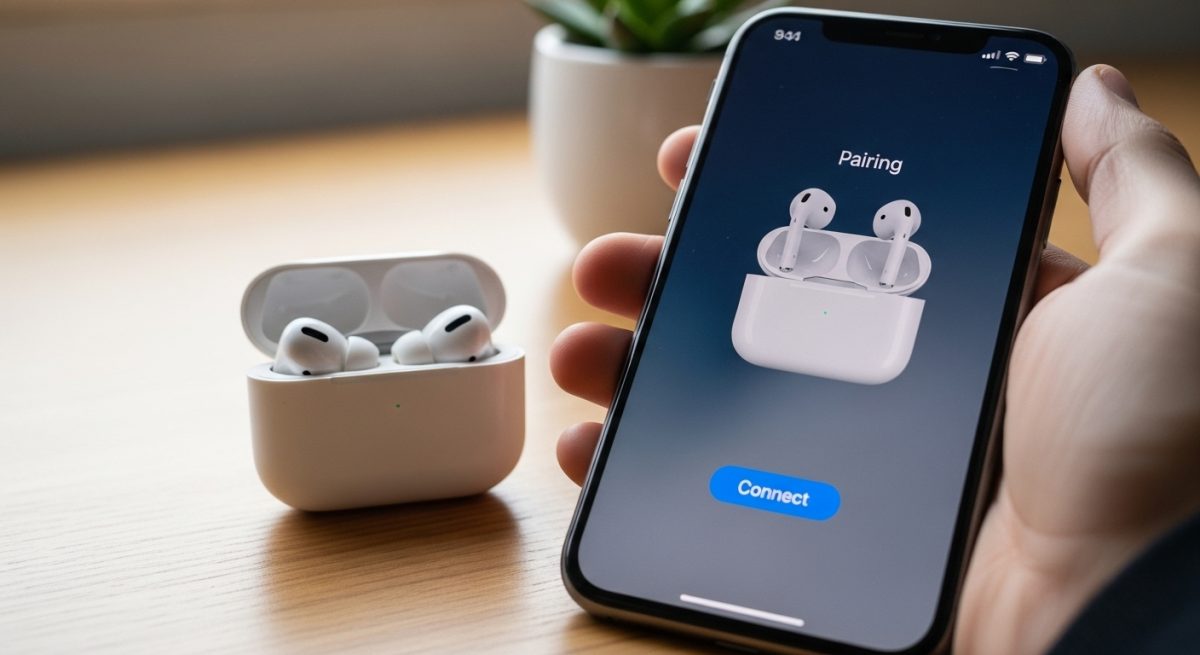 Manos sosteniendo un iPhone mostrando la animación de AirPods