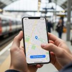 Manos sosteniendo un iPhone mostrando mapa y botón de compartir