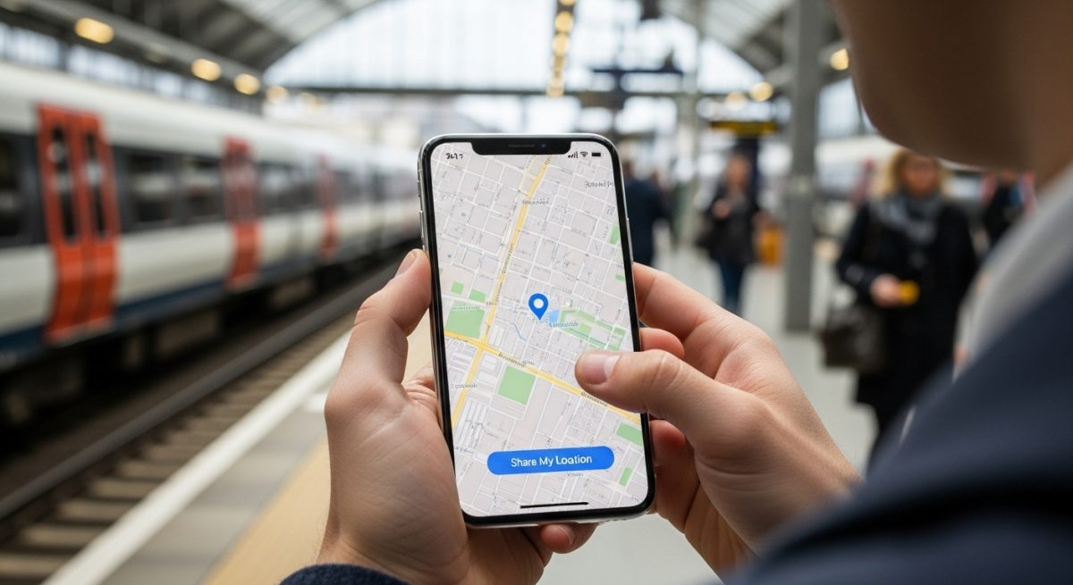Manos sosteniendo un iPhone mostrando mapa y botón de compartir