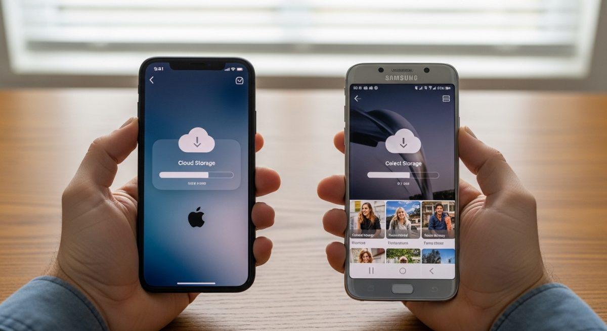 Manos sosteniendo un iPhone y un Samsung en mesa de madera