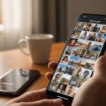 Manos sosteniendo un nuevo smartphone moderno con galería de fotos