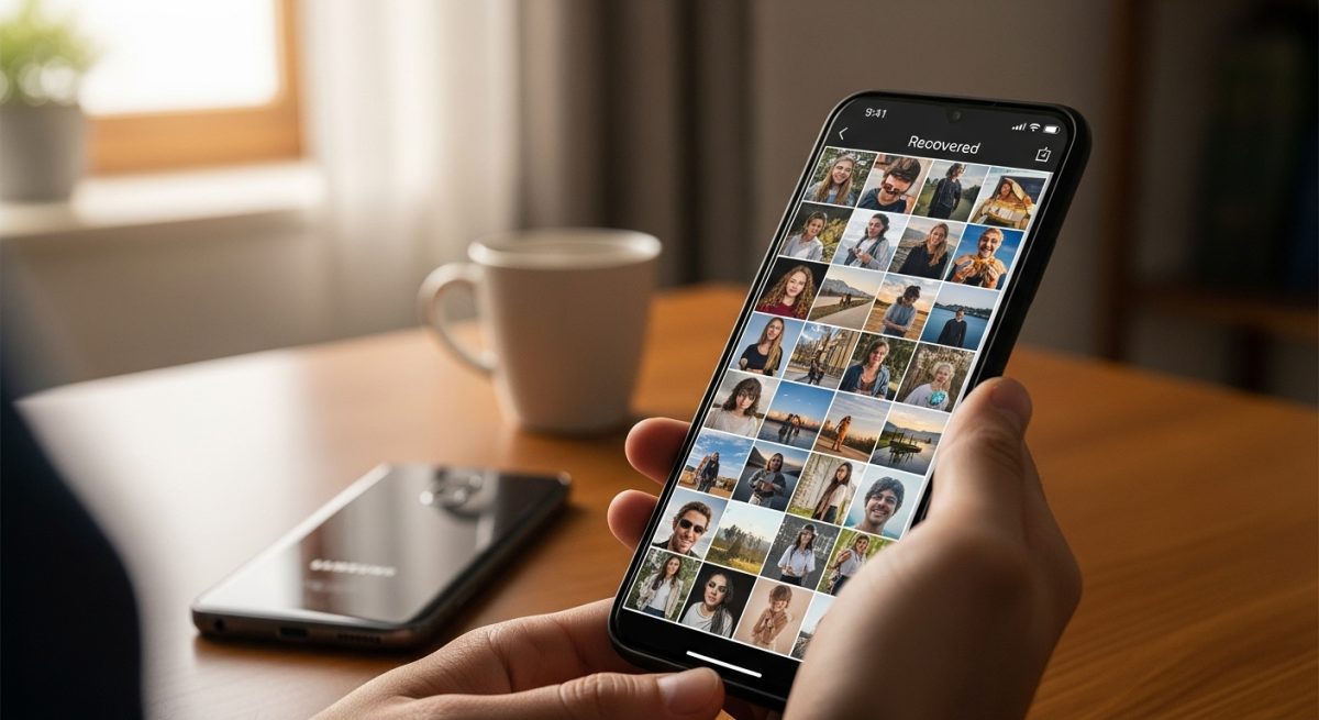 Manos sosteniendo un nuevo smartphone moderno con galería de fotos