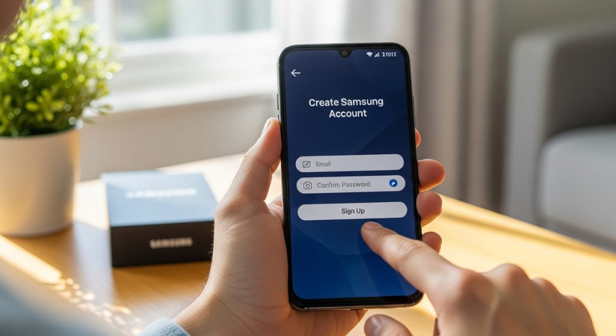 Manos sosteniendo un Samsung Galaxy con interfaz crear cuenta visible
