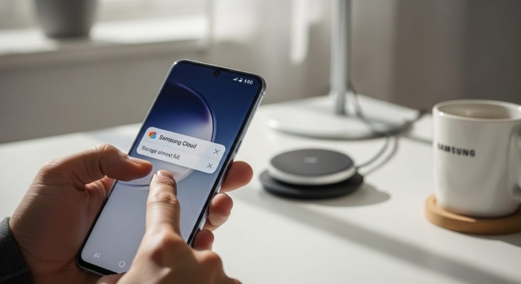 Manos sosteniendo un Samsung Galaxy con notificación de Samsung Cloud