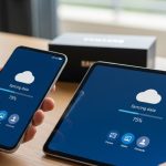 Manos sosteniendo un Samsung Galaxy junto a una tablet Samsung