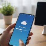 Manos sosteniendo un Samsung Galaxy mostrando interfaz de Samsung Cloud