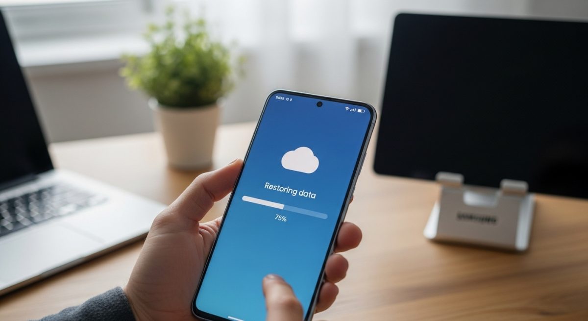 Manos sosteniendo un Samsung Galaxy mostrando interfaz de Samsung Cloud