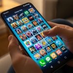Manos sosteniendo un smartphone Android con icons de juegos coloridos