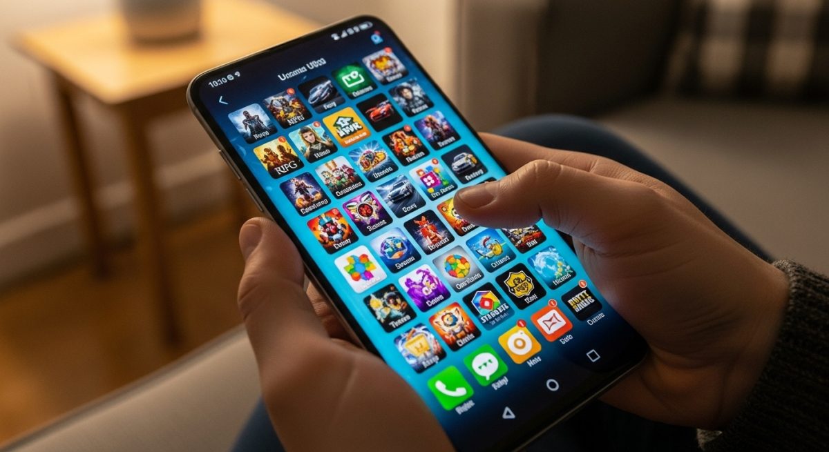 Manos sosteniendo un smartphone Android con icons de juegos coloridos