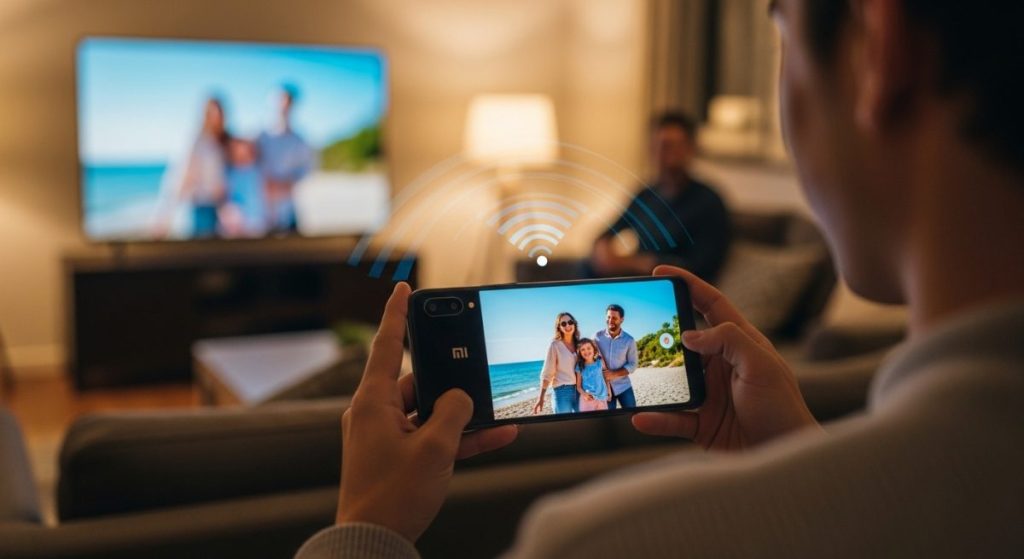 Manos sosteniendo un smartphone con logo Mi mostrando fotos en televisor
