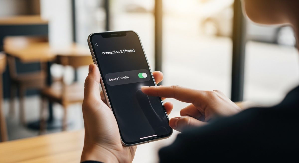 Manos sosteniendo un smartphone con menú de ajustes de conexión