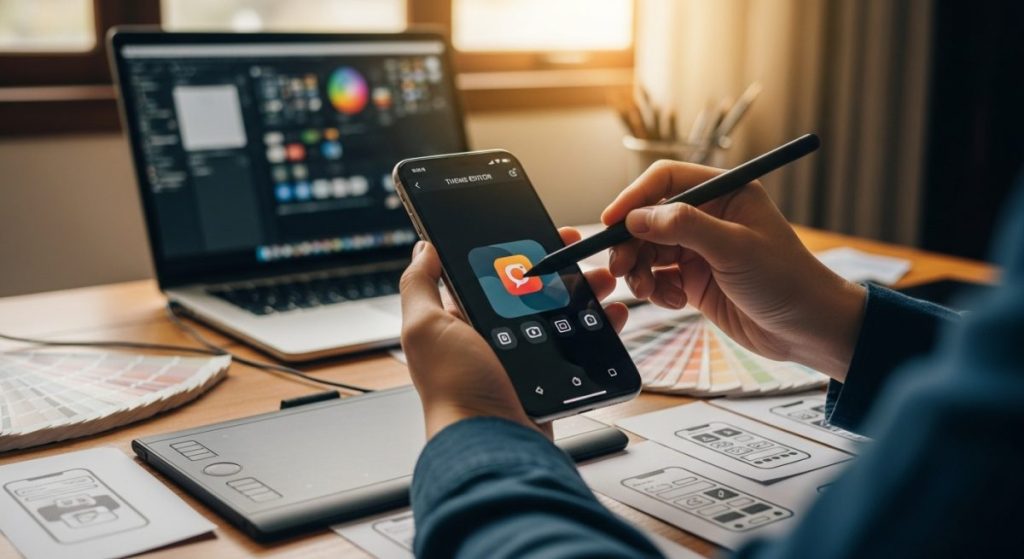 Manos sosteniendo un smartphone moderno personalizando iconos de aplicaciones