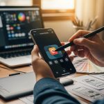 Manos sosteniendo un smartphone moderno personalizando iconos de aplicaciones