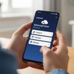 Manos sosteniendo un smartphone Samsung con interfaz de Samsung Cloud
