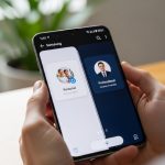 Manos sosteniendo un smartphone Samsung Galaxy con pantalla dividida mensajeando