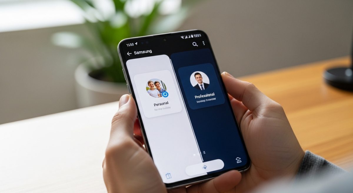 Manos sosteniendo un smartphone Samsung Galaxy con pantalla dividida mensajeando