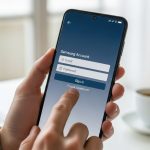 Manos sosteniendo un smartphone Samsung Galaxy en casa moderna