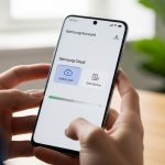 Manos sosteniendo un smartphone Samsung Galaxy mostrando la configuración