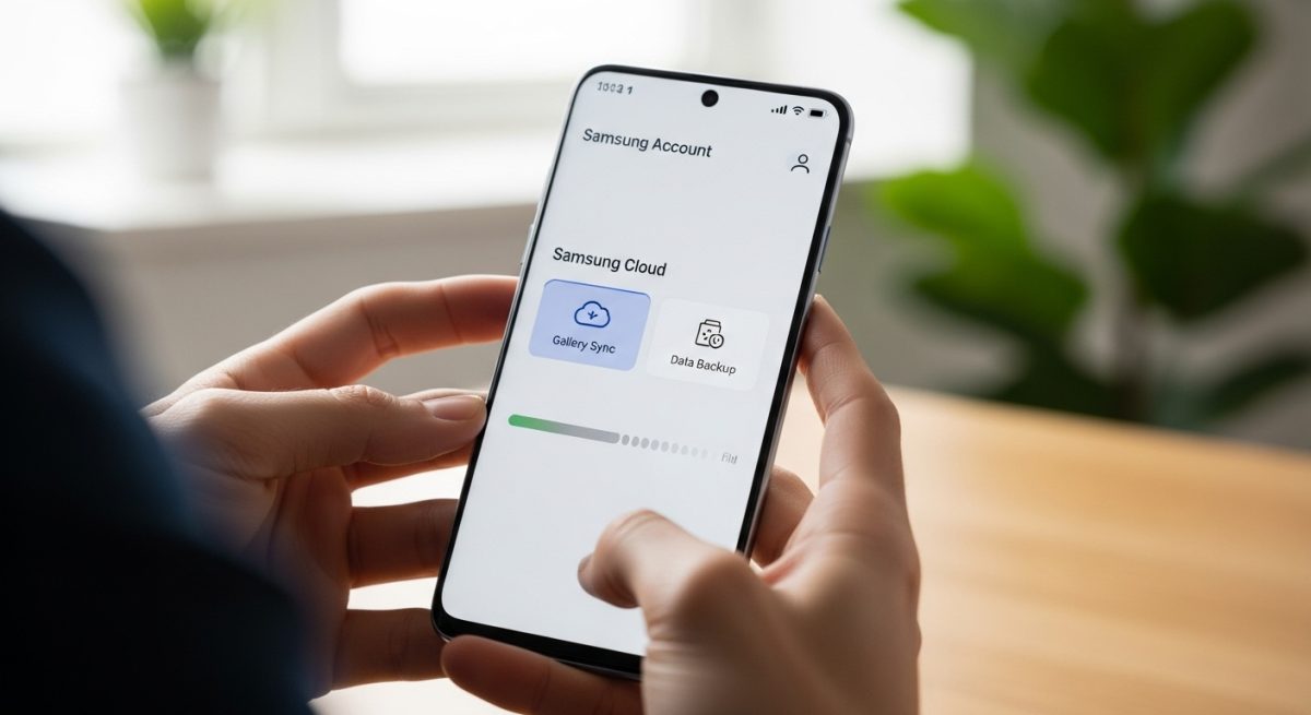 Manos sosteniendo un smartphone Samsung Galaxy mostrando la configuración