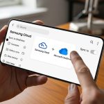 Manos sosteniendo un smartphone Samsung Galaxy mostrando logos de Samsung Cloud y OneDrive