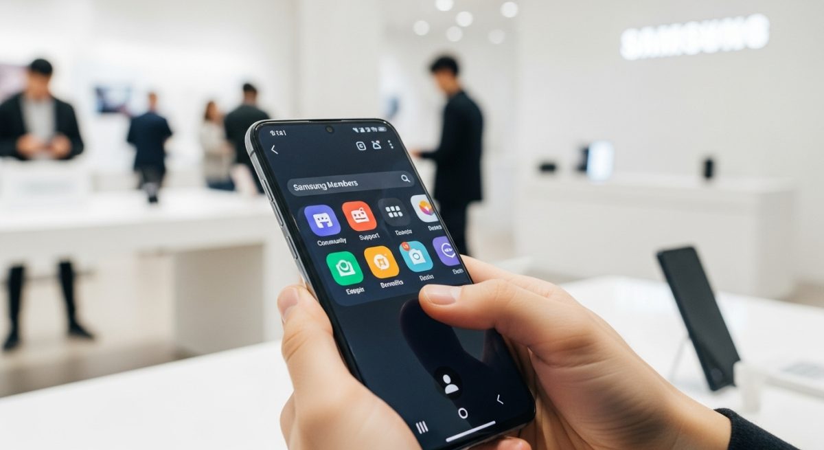 Manos sosteniendo un smartphone Samsung Galaxy usando la app Members